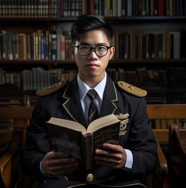 Photo ชายคนหนึ่งในชุดเครื่องแบบกำลังอ่านหนังสือโดยมีชื่อหนังสือว่า "the man is holding a book"