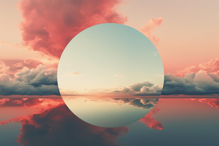 Photo minimal circle frame with beautiful sky sunset and mirror reflection in aesthetic art collage