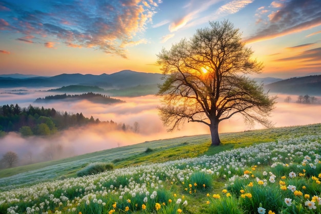 Photo misty flowering valley at dawn scenic landscape with wild growing flowers single tree and color cloudy sky daffodil valley nature reserve near khust transcarpathia ukraine