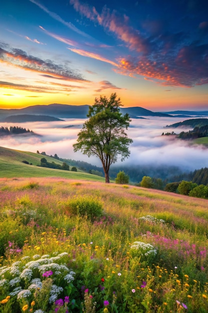 Photo misty flowering valley at dawn scenic landscape with wild growing flowers single tree and color cloudy sky daffodil valley nature reserve near khust transcarpathia ukraine