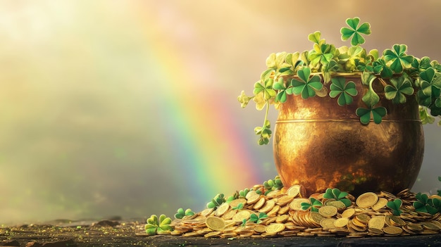 Photo a podium adorned with clover garlands gold coins and a large pot of gold with a vibrant rainbow