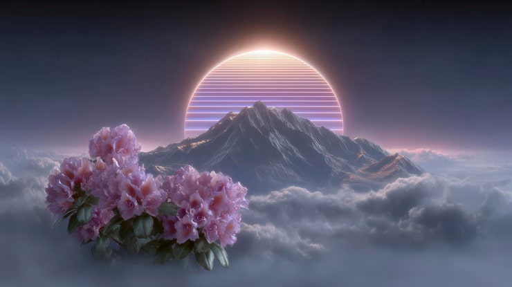 Photo retro synthwave sunset mountains flowers cloudscape 80s aesthetic