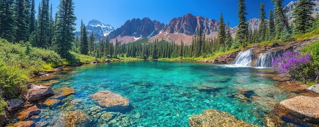 Photo serene mountain lake waterfall landscape nature hiking travel