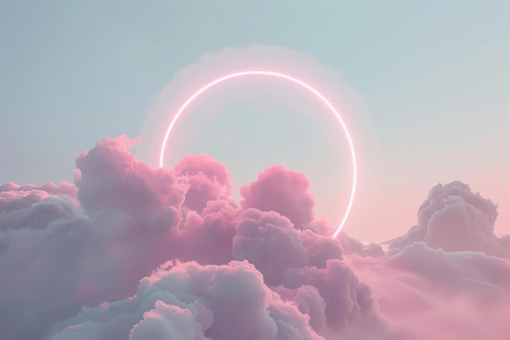 Photo a single simple puffy light pink cloud with a circle in the sky with pink lights