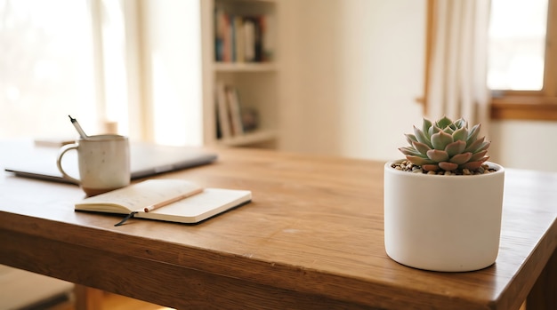 Photo succulent, notebook, and laptop on wooden desk in home office