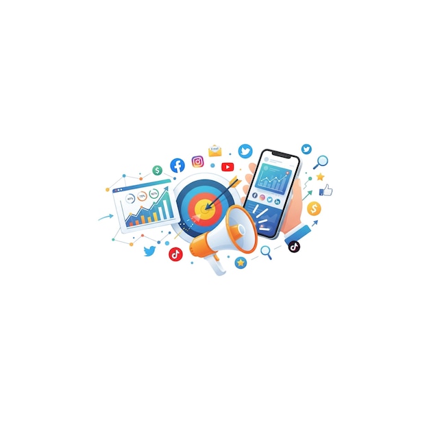 PSD digital marketing strategy and social media analytics 3d illustration