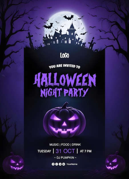 PSD halloween party poster template with pumpkin ghost background and scary haunted house with dark them