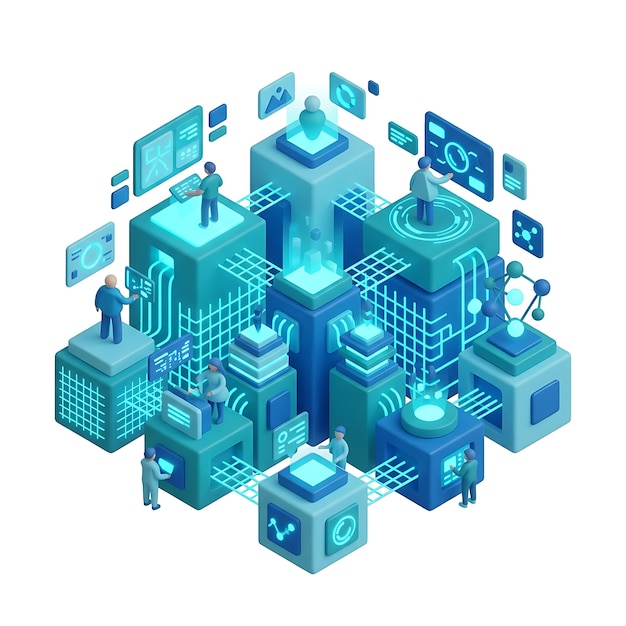 PSD isometric futuristic big data center server network block vector illustration with digital technology concept