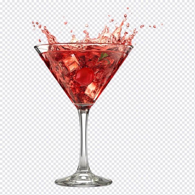 PSD red cocktail with splash and cherry in martini glass isolated on transparent background