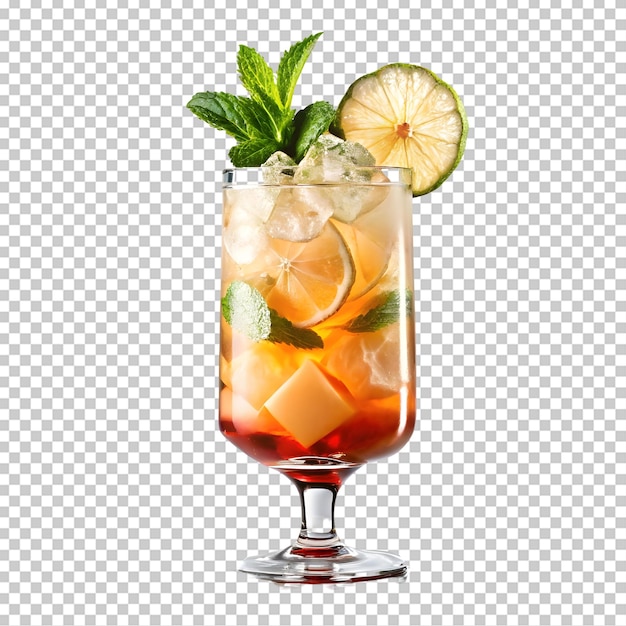 PSD red sangria cocktail glass with mint leaf on transparent background