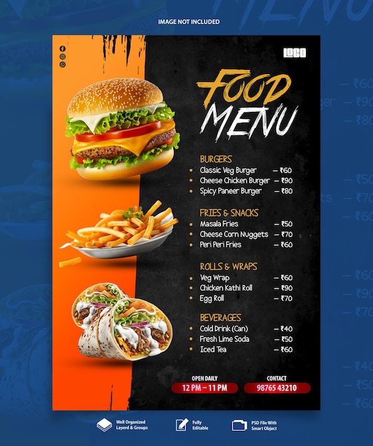 PSD restaurant food menu with burger fries flyer template