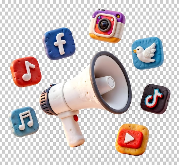PSD social media marketing megaphone with app icons