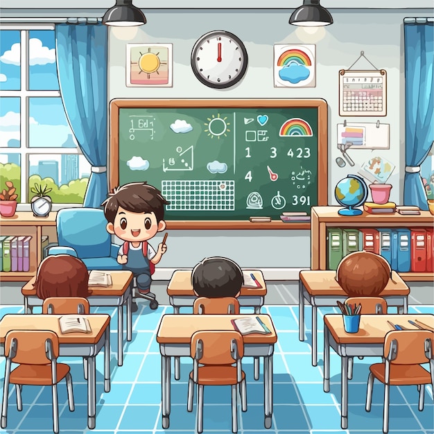 Vector ภาพประกอบเวกเตอร์ห้องเรียน กลับไปโรงเรียนหลังวันหยุด ห้องเรียนการ์ตูน