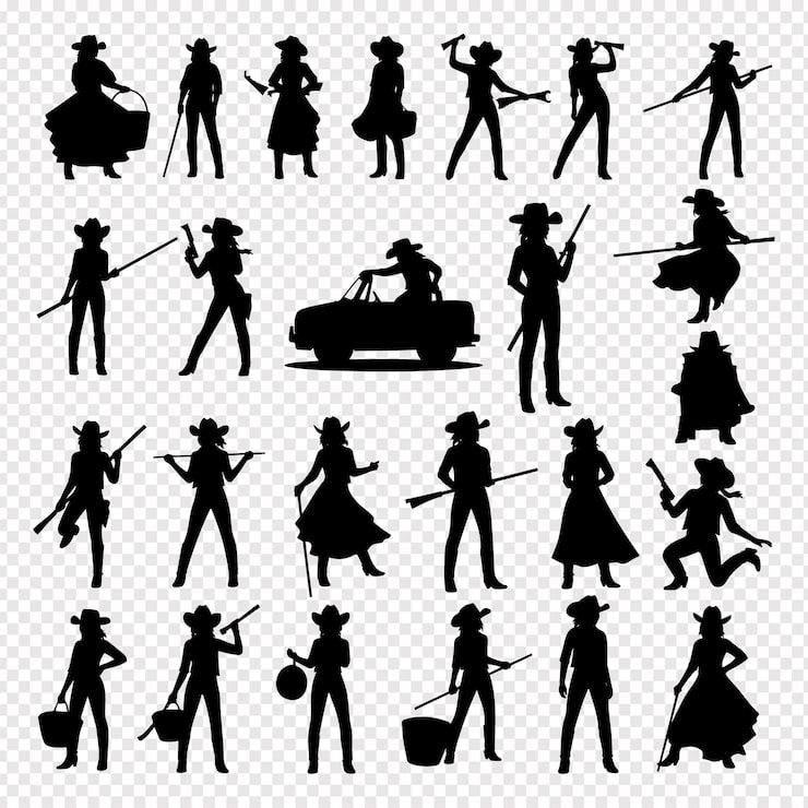 Vector cowboy silhouettes with guns and hats