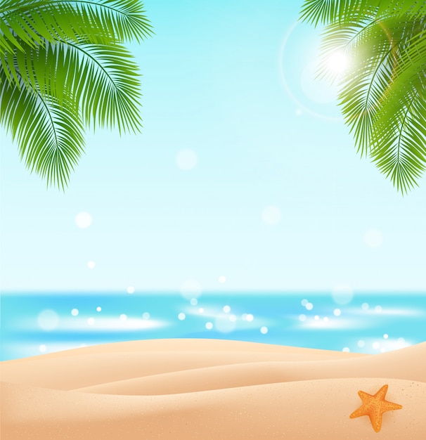 Vector ชายหาดฟรีสำหรับงานออกแบบของคุณ ภูมิทัศน์ที่มีมหาสมุทรสีฟ้าคราม ทรายสีทอง และใบปาล์ม