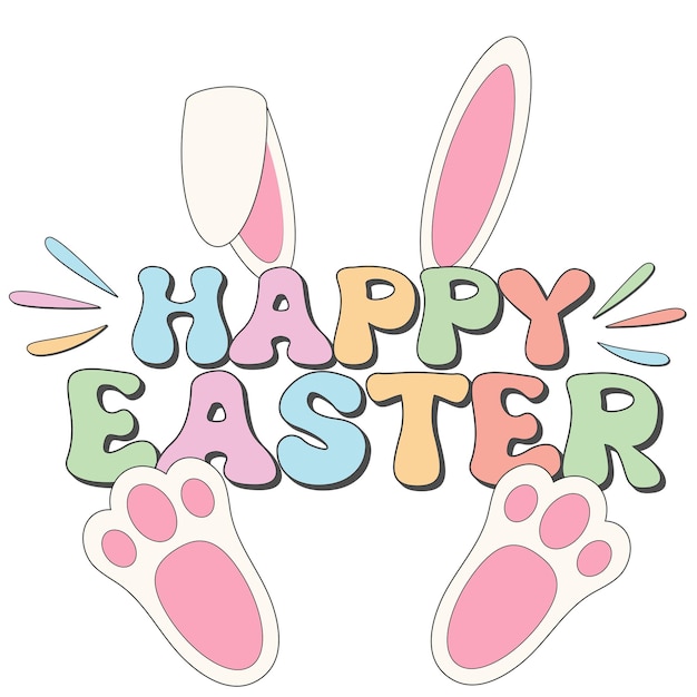Vector groovy happy easter retro poster funny easter ears easter egg hunt cute seated mascot with bunny