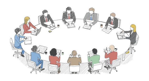Vector 円卓で会議・議論をするビジネスパーソンたちのグループ ベクターイラスト