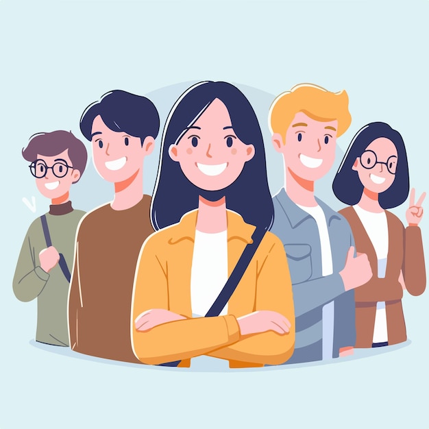 Vector กลุ่มคนกำลังยิ้มและมีคนหนึ่งมีรอยยิ้มบนใบหน้า