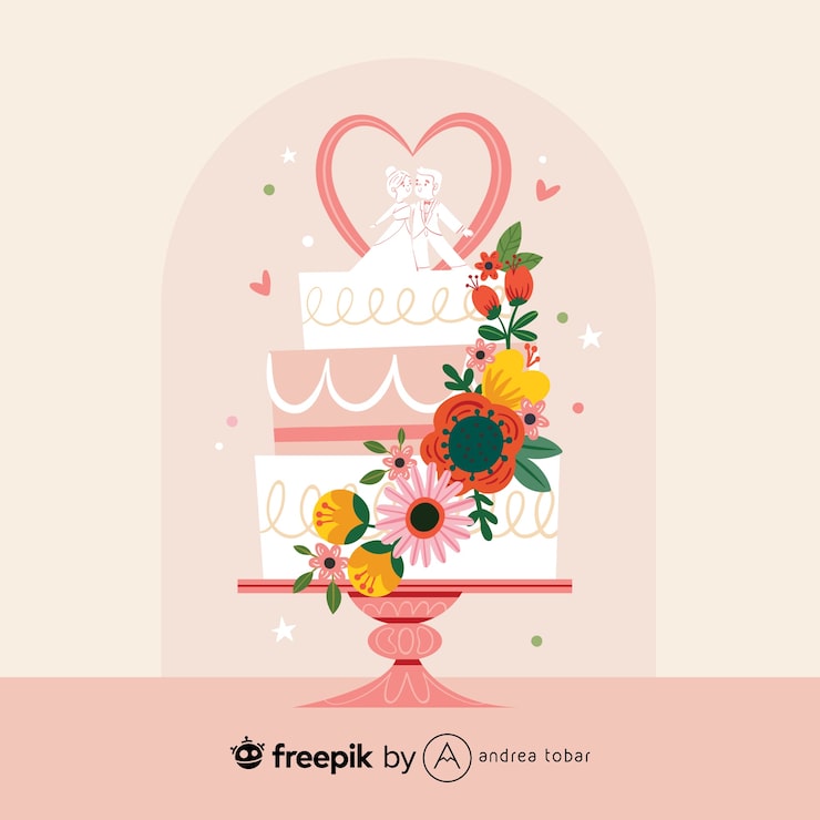 Illustration of wedding cake with flowers