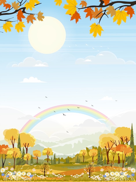 Vector ภาพทิวทัศน์ของหมู่บ้านการ์ตูนน่ารักในช่วงกลางฤดูใบไม้ร่วง