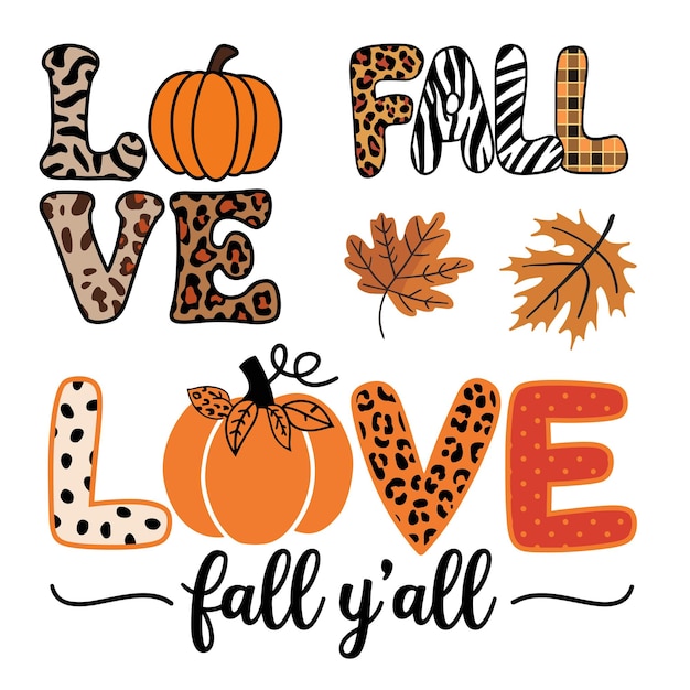 Vector love fall design with pumpkins and leaves