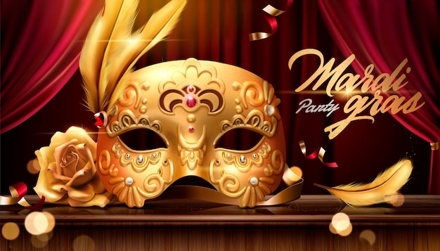 Vector แบนเนอร์มาร์ดิกราส์ (mardi gras) พร้อมหน้ากากหรูหราสีทองในภาพประกอบ 3 มิติบนพื้นหลังเวที เอฟเฟกต์โบเก้