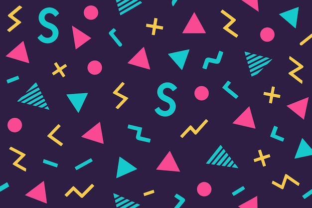 Vector retro 80s memphis style geometric pattern with vibrant shapes on dark background