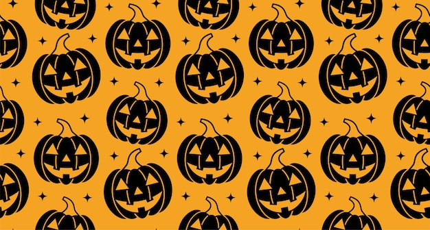 Vector seamless halloween pattern with spooky jack o lantern pumpkins on orange background