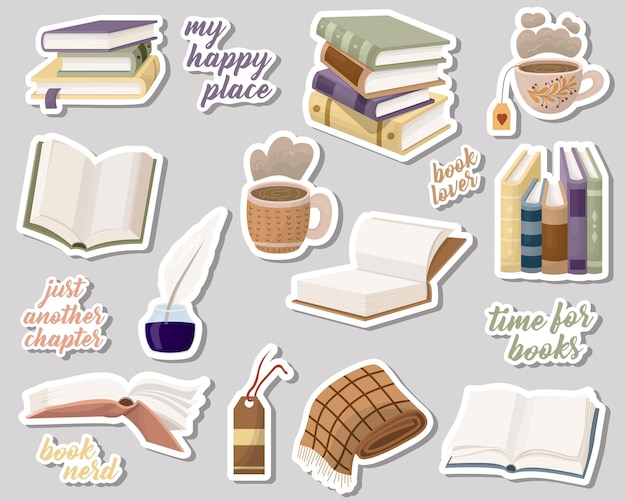 Vector ชุดสติกเกอร์หนังสือ หนังสือเปิด และหนังสือที่ซ้อนกันเป็นกอง คุณสมบัติที่แตกต่างกันในการอ่าน ภาพประกอบเวกเตอร์