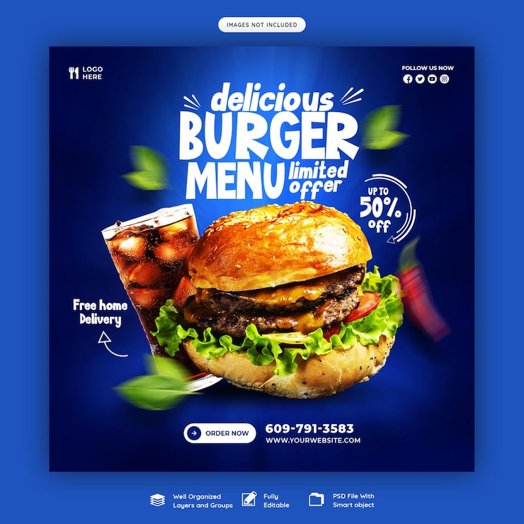PSD gratuito plantilla de banner de redes sociales de menú de comida y hamburguesas deliciosas