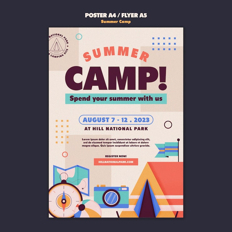 PSD gratuito plantilla de cartel de campamento de verano dibujado a mano