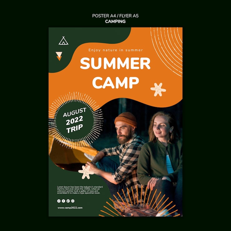PSD gratuito plantilla de cartel de camping de diseño plano