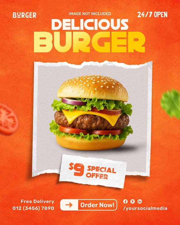 PSD gratuito plantilla de diseño de publicación de redes sociales de deliciosa hamburguesa