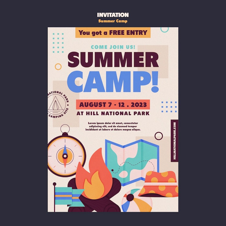 PSD gratuito plantilla de invitación de campamento de verano de diseño plano