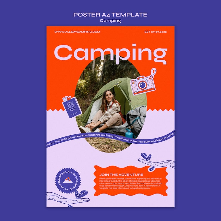 PSD gratuito plantilla de póster vertical de camping con ramas y hojas.