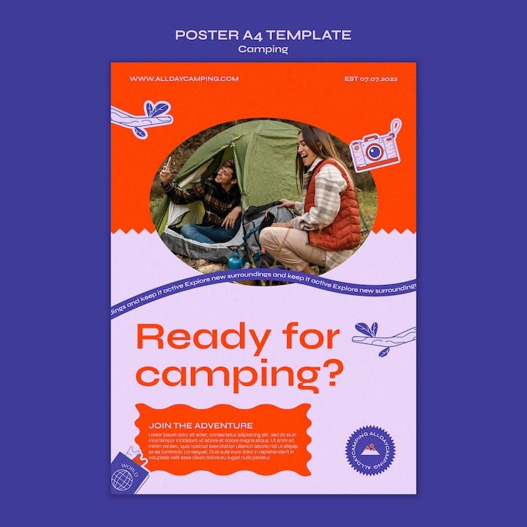 PSD gratuito plantilla de póster vertical de camping con ramas y hojas.