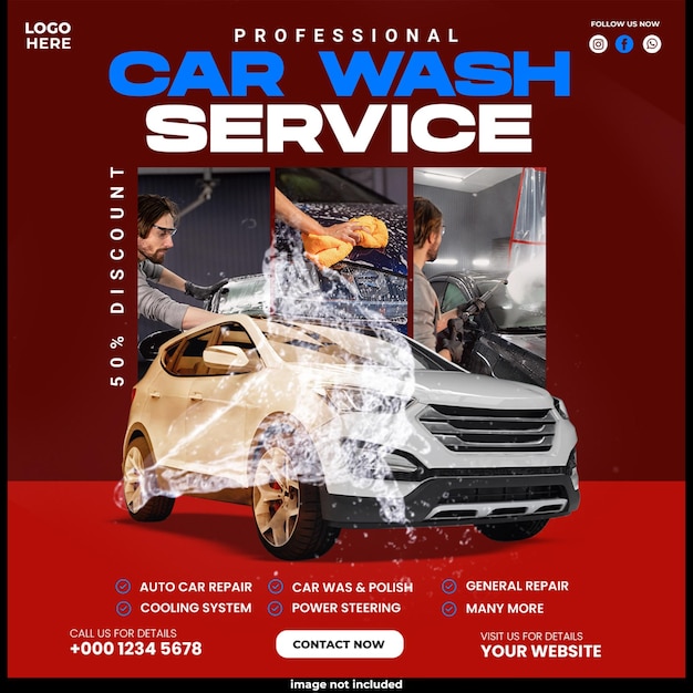 PSD gratuito servicio de lavado de automóviles post de banner en las redes sociales o diseño de banner de promoción de automóviles psd