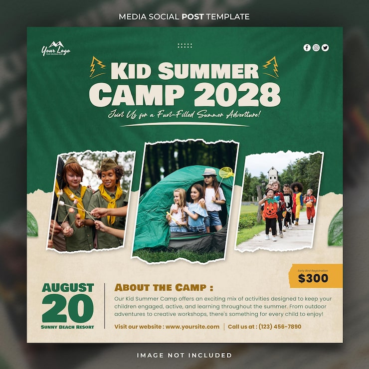 PSD la aventura espera al niño en el campamento de verano media social post template