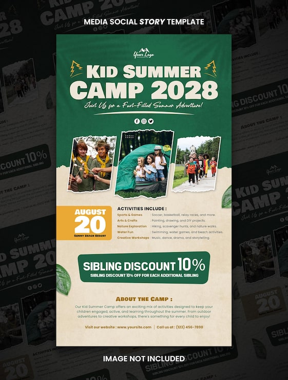 PSD la aventura espera al niño en el campamento de verano media social story post template