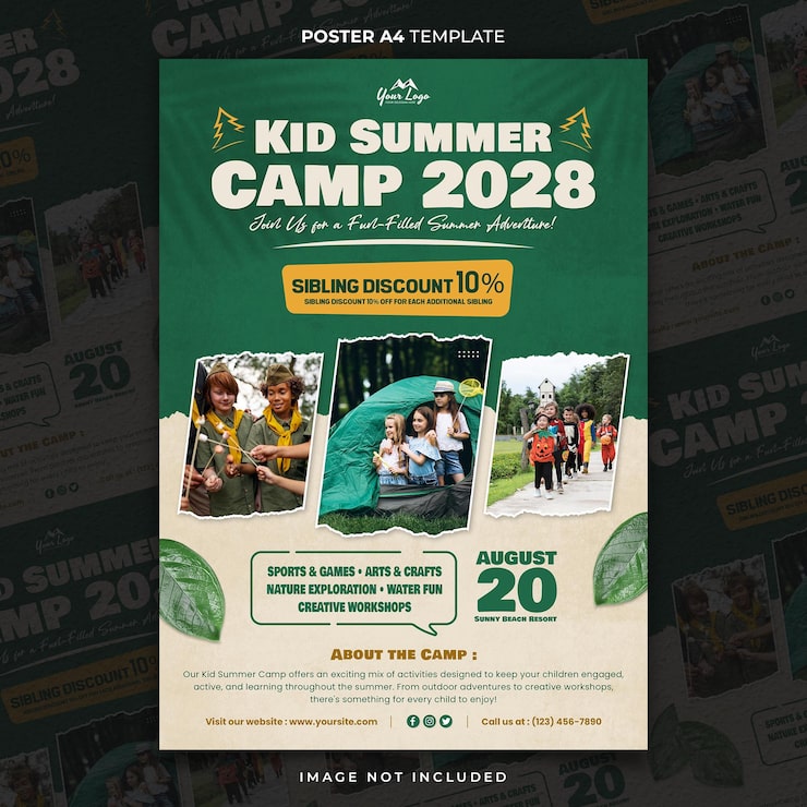 PSD la aventura espera al niño poster de campamento de verano a4 o plantilla de pancarta