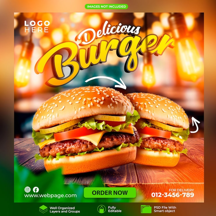 PSD delicious burger plantilla de publicaciones en las redes sociales psd