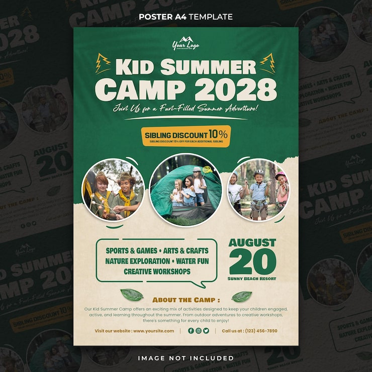 PSD diversión en el campamento de verano sun kid poster a4 o plantilla de pancarta