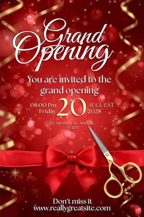 PSD elegante invitación de gran inauguración con detalles en rojo y dorado