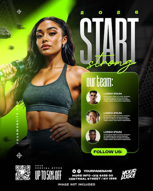 PSD empieza fuerte: alcanza tus metas de fitness con nuestro equipo de expertos. diseño de folleto