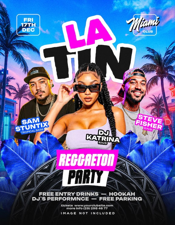 PSD flyer de fiesta de reggaeton con djs y diseño de plantilla de póster de temática tropical