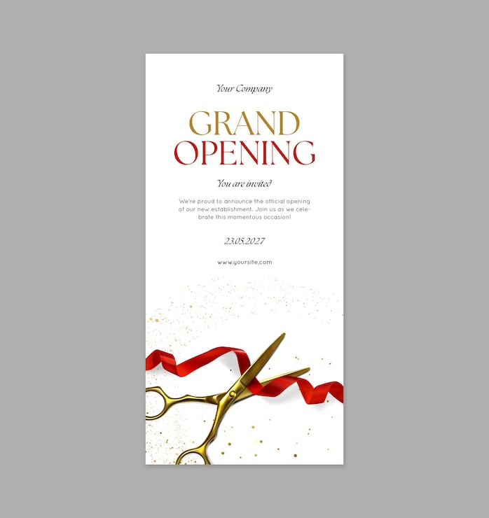 PSD flyer de gran inauguración con tijeras y cinta
