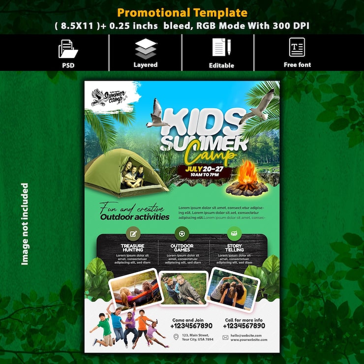 PSD flyer promocional del campamento de verano para niños