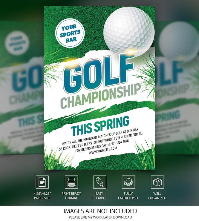 PSD folleto de evento de bar deportivo del campeonato de golf