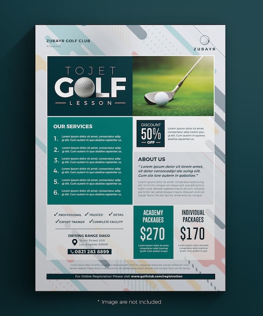 PSD folleto de lecciones de golf con descuento