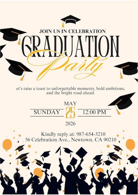 PSD invitación audaz para la celebración de la graduación con ilustraciones en tapa